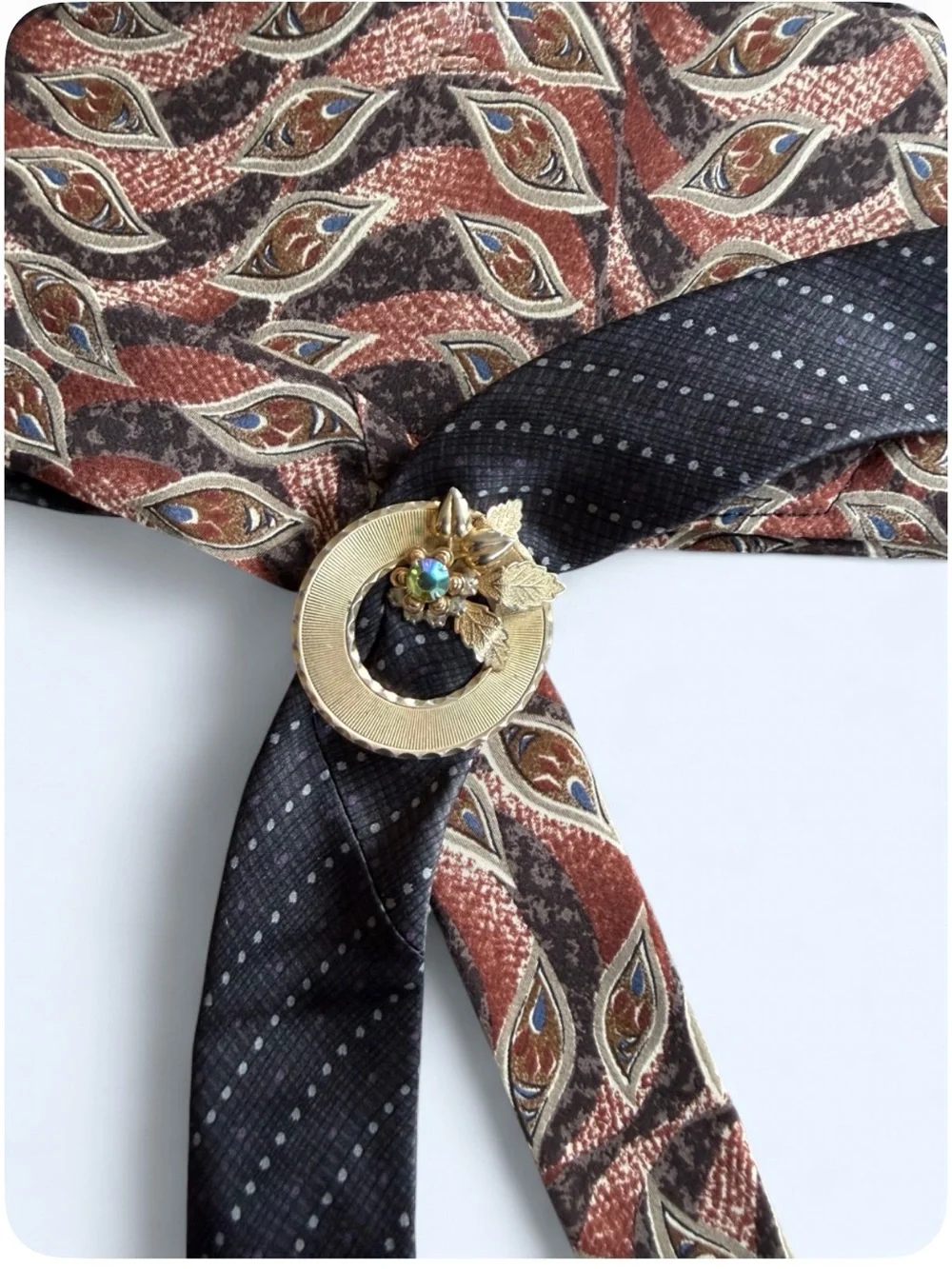 Upcycled Silk Necktie Belt Vintage Brooch,Hidden Pocket, Paisley, Empowered